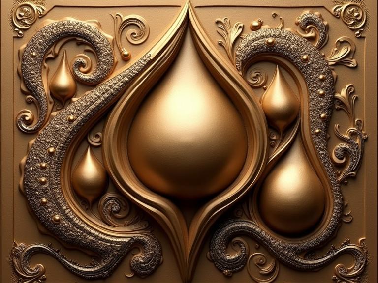 A medium-toned abstract digital artwork shows swirling organic forms in a relief style. The color palette includes warm brownish-gold hues. Central is a teardrop-shaped form with smooth depth and luminosity. Smaller bulbs connect to it. Intricate metallic tendrils intertwine, featuring swirling organic patterns, bead-like details, and leaf-like flourishes. The dimensions are enhanced by shadow and light, evoking historical craftsmanship.