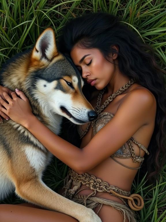 Aerial view showing a tribal huntress lying in a meadow embracing her wolf friend. The huntress has long messy braided hair and is wearing a torn loincloth. The wolf is calm with an open toothy muzzle. Both have shiny skin. The scene portrays a bond between human and animal after a fight.