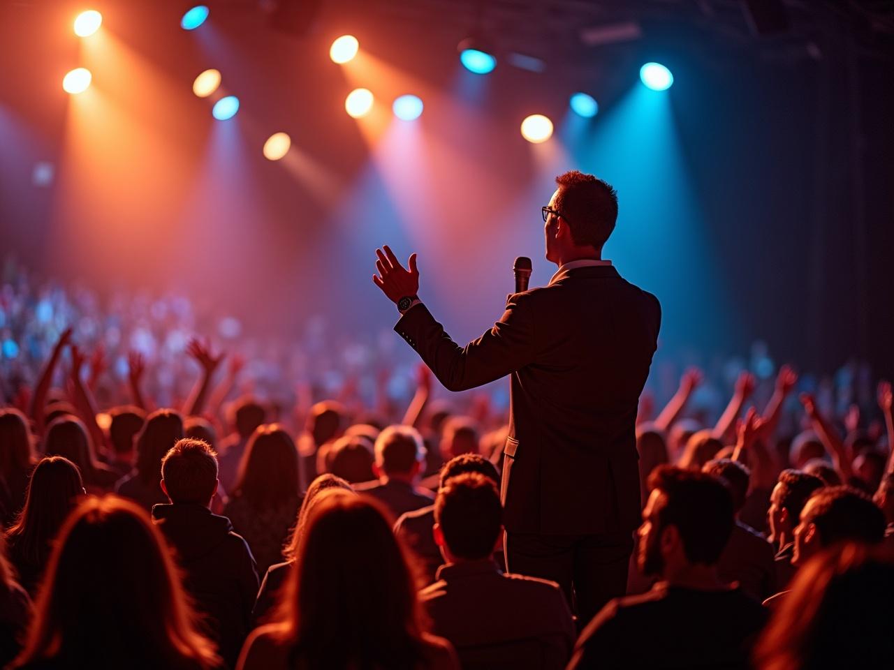 You are placed in an image that depicts you speaking at a live event. You are passionately engaging with the audience, conveying energy and enthusiasm. The foreground features vibrant stage lights casting a warm glow and creating dynamic shadows. Behind you, there's a large crowd, creating a lively atmosphere as they react to your speech. The focus remains on you as the speaker, capturing your expressions and body language.