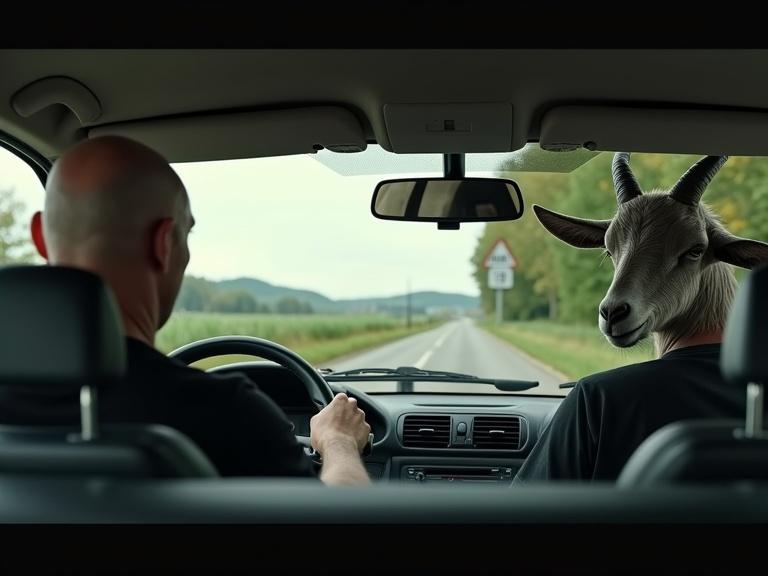 Interior of a car with an older bald man driving. Humanoid goat sits in passenger seat. Goat has realistic head and short horns. Daytime scene in Czech countryside. Trees and hills are visible. Car passes roadside sign saying 'RALSKO'. Realistic lighting creates a cinematic atmosphere. Surreal yet peaceful mood. Hyper-detailed image.