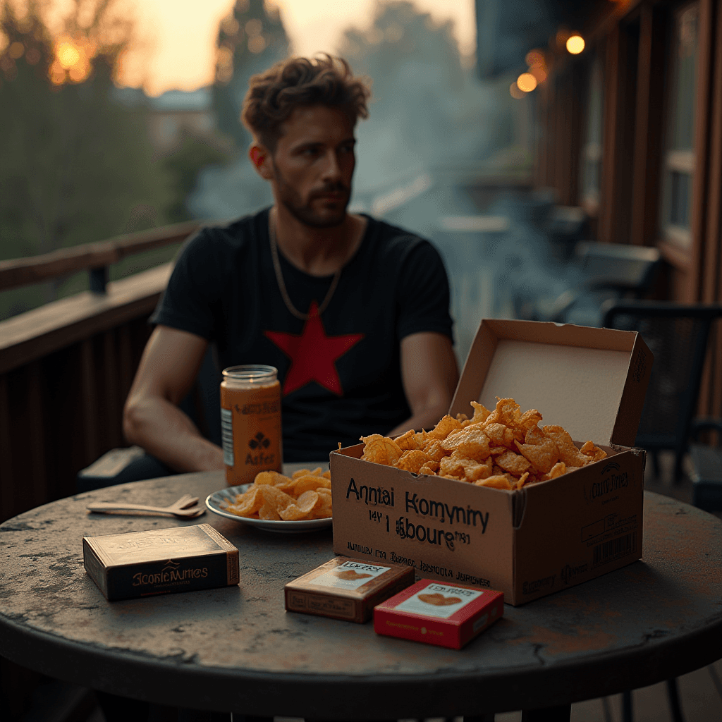 A person sitting on a balcony at sunset with a table full of chips, drink, and cigarettes.