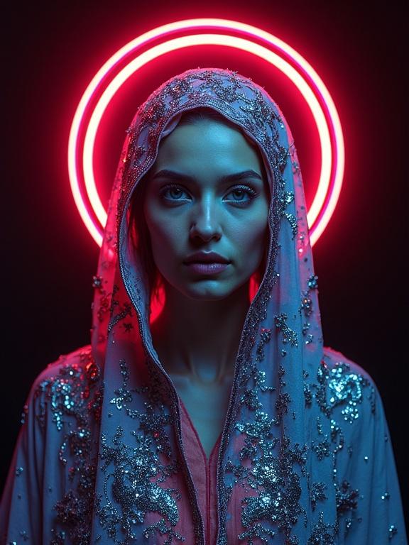 Surrealist portrait of female saint. Neon halo effect surrounds figure. Unique blend of molecular styling and traditional needlework. Inspired by Eiko Ishioka's artistic influence.