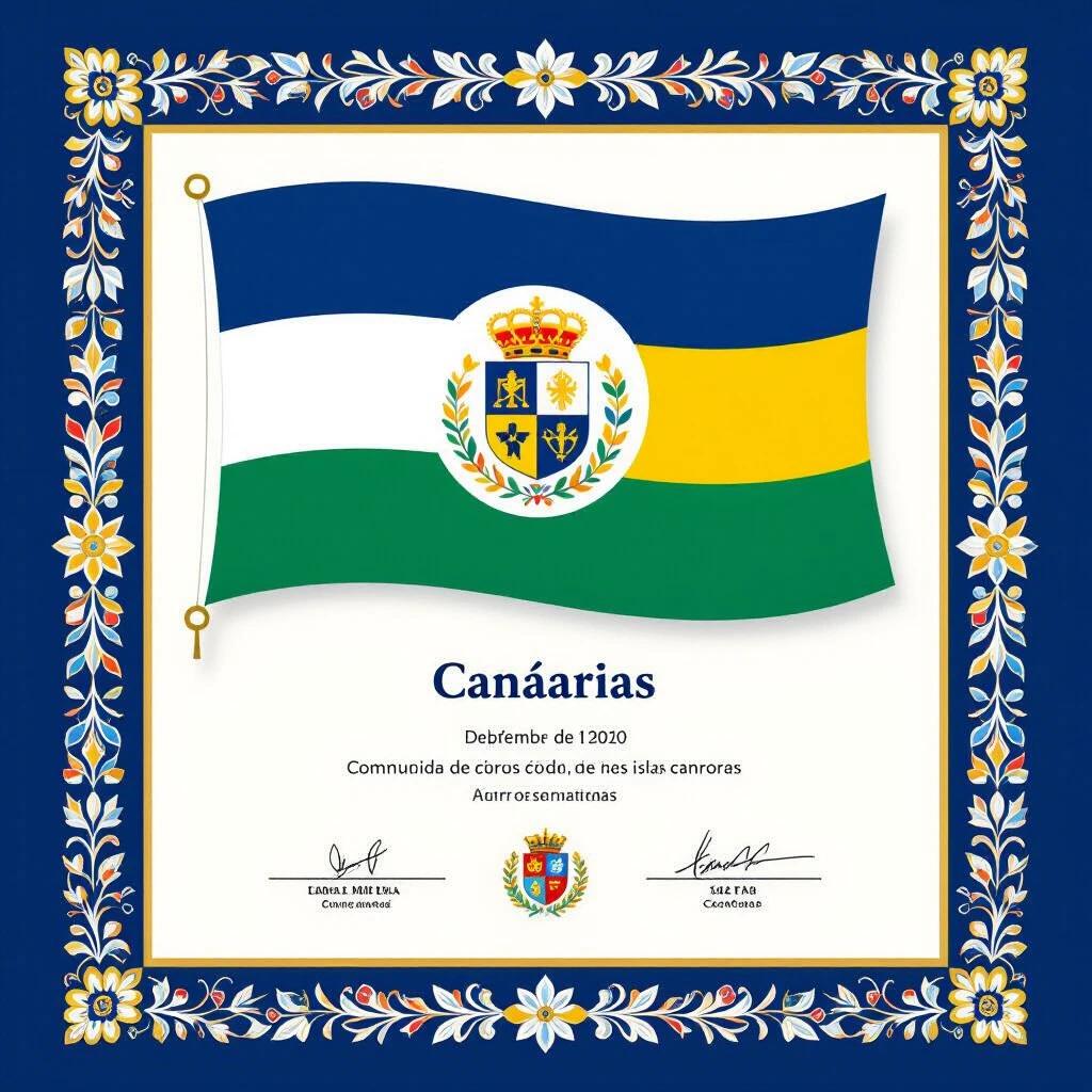 Diploma in horizontal format. Flag of Canary Islands occupies most of the canvas. White margin surrounds the flag. Shields of 88 municipalities frame the design.