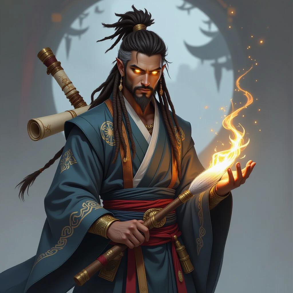 A tall mage with brown Mediterranean skin wears traditional Asian robes. He has short white-gray dreadlocks and glowing yellow eyes. Scrolls are strapped to his back. Wielding a magical brush, he stands confidently radiating mysticism and wisdom. Intricate patterns on his clothing and a soft magical aura surround the brush tip. Scene is in fantasy art style with high detail and dramatic lighting.