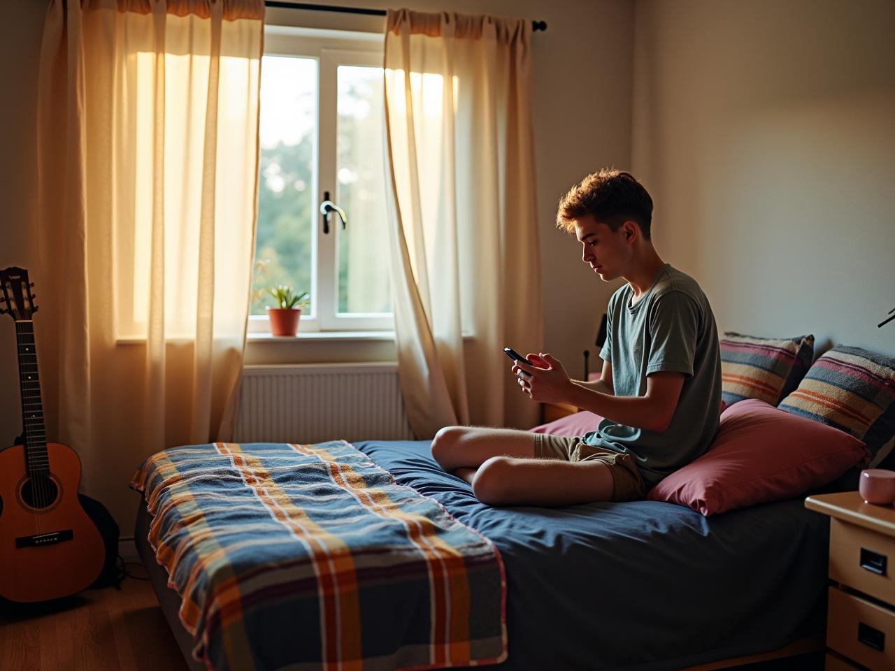 The image shows a cozy bedroom filled with warm sunlight streaming through the window. A 20-year-old guy is sitting on the bed, texting on his phone with a neutral expression. The bed has a new dark blue mattress, contrasting against the colorful plaid blanket. Beside the bed is a wooden nightstand with a lamp and a small pink object. In the corner, there's an acoustic guitar resting on the floor and a little potted plant on the windowsill. The room feels calm and relaxed, a perfect place for creativity and comfort.