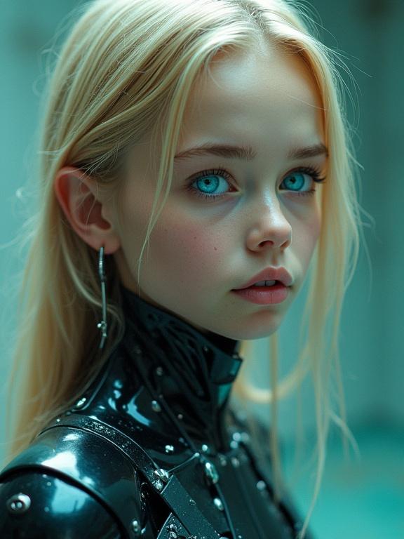 Futuristic girl embraces advanced technology. Blonde hair complements the sleek design of her outfit. Attire features teal plating. Image showcases a full body view. Captured in photorealistic style at a distance of two meters.