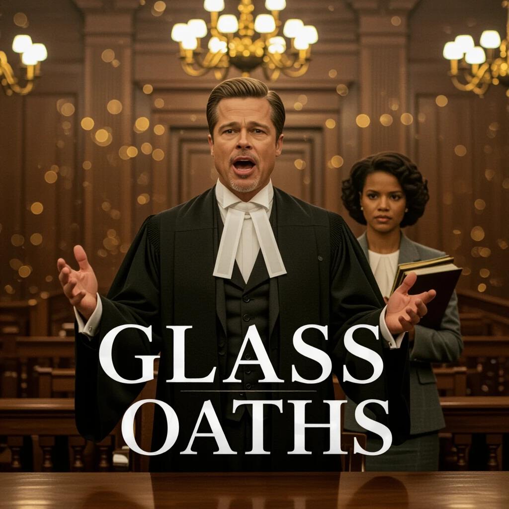 Movie poster for GLASS OATHS. Legal thriller genre featuring Brad Pitt mid-shout in court robes. Gugu Mbatha-Raw stands behind him with files. Rich wood-paneled courtroom features golden bokeh from chandeliers. Dramatic focus blur enhances tension.