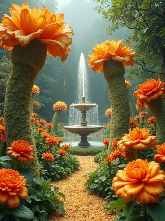 A surreal botanical garden with flowers resembling crispy pastry petals and marinara sauce center. Trees are made of melted cheese dripping onto oregano paths. A central fountain shoots Parmesan sprinkles, creating a magical culinary scene.