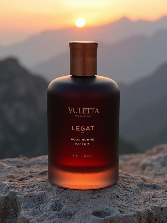 A niche artisan perfume bottle with frosted deep red-black glass. The name VULETTA appears in modern minimalist font at the top in aged bronze. LEGAT is in uppercase yellow gold. 'POUR HOMME' and 'PARFUM' are in refined smaller fonts. The cap is brushed antique copper. Background features rugged Montenegrin mountain LOVCEN at dawn with weathered stone.