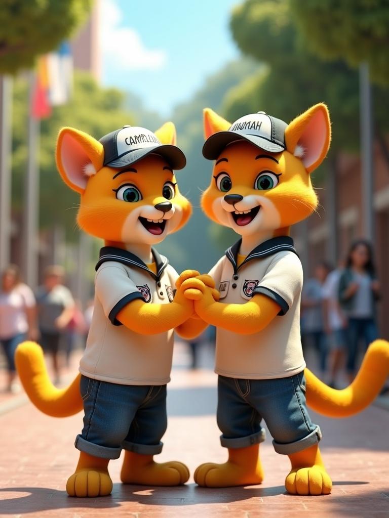 Two yellow pumas are mascots of a university. They are in a campus environment with students. Both wear jeans and polo shirts with Campus Copán. They laugh and hug in a lively atmosphere. Soft natural lighting enhances textures and colors.