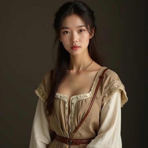 Portrait of a young European medieval townswoman. Features include subtle East Asian traits, smooth porcelain skin, warm brown eyes. Modest dress in earthy tones with a low neckline and ample cleavage. Soft expression, upper body focus, clean background, highly detailed, studio lighting.