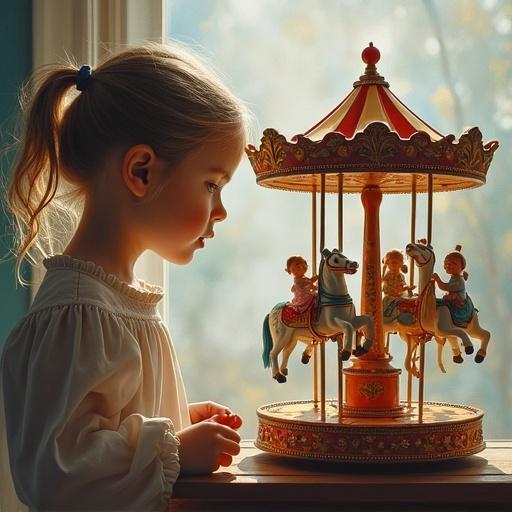 Girl with blonde pigtails gazes at a musical wind-up toy carousel with horses. Dolls of girls and boys are on horses. Emphasis on expressiveness and high detail. Cinematic and atmospheric with saturated colors. Realistic style reminiscent of watercolor and oil on canvas.