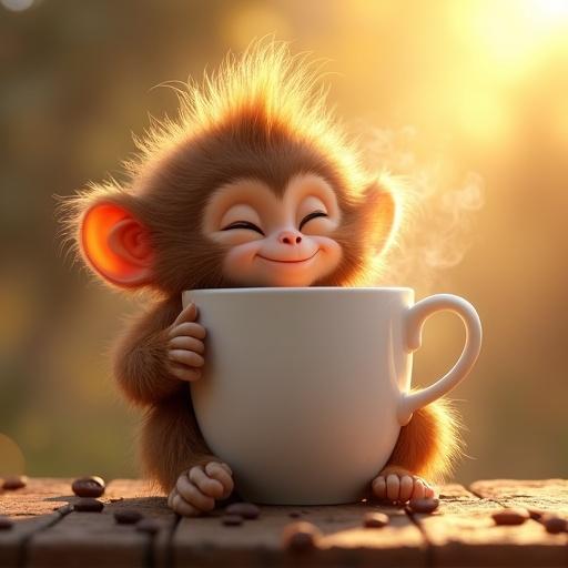 A fluffy baby monkey with light brown fur and big ears relaxes with a large white ceramic mug full of steaming coffee. The monkey has closed eyes and a blissful smile. Golden sunlight shines from the top right capturing the steam and texture of the fur. Scattered coffee beans are on a rustic wooden table. This is a detailed 3D illustration with hyperrealistic quality.