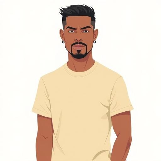 Stylized illustration of a confident young man. He stands straight with a neutral expression. Wears a plain beige t-shirt. Hair is clean and short with subtle facial hair. Includes earrings in both ears. Bold outlines and cel-shaded colors used. Direct frontal lighting, minimal light background for focus.