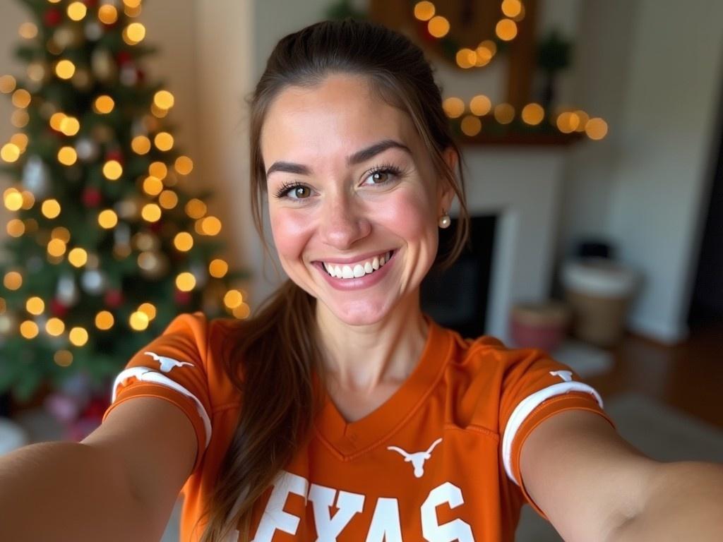 The image shows a woman smiling while taking a selfie. She is wearing an orange Texas Longhorns jersey, indicating her support for the team. The background has some decorative elements, including a Christmas tree with lights, suggesting a festive atmosphere. The woman has long brown hair tied back in a ponytail and is wearing pearl earrings. Her cheerful expression adds to the positive vibe of the image.