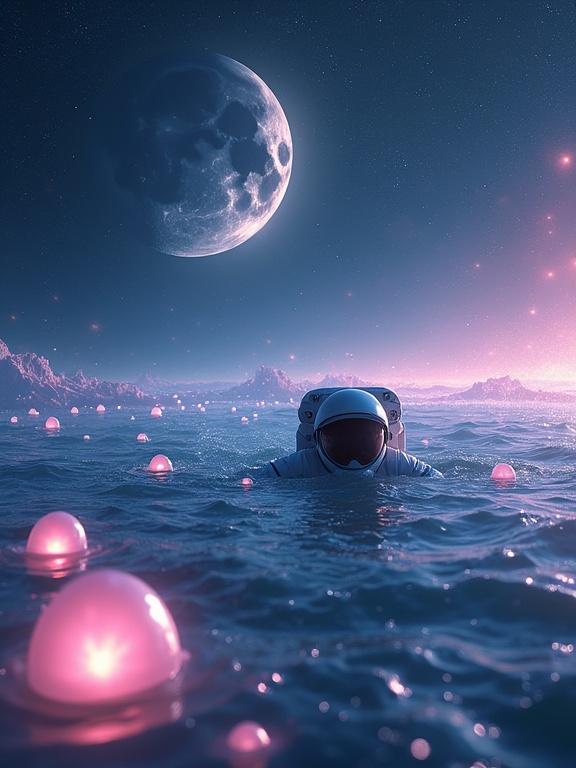 An astronaut swims in a cosmic ocean. Luminous eggs float in the water. Water resembles a nebula. Translucent sea creatures like supernovas are present. A split moon sits on the horizon.
