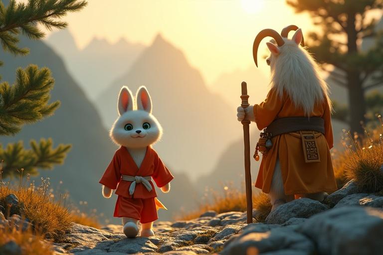 An ultra-HD 4K cinematic scene featuring a white-furred rabbit in a light red karate gi climbing a rugged mountain path. The rabbit has emerald-green eyes. An elderly goat watches over him with a wooden staff. The scene captures golden sunlight filtering through misty peaks. The landscape is vibrant with lush green pines and rocky terrain.