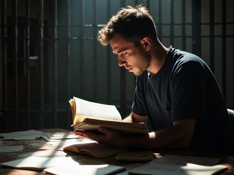 A focused prisoner reads thick law books inside a cell. Papers and notes spread around. A ray of sunlight through the bars illuminates pages. The prisoner has a determined expression. Style of study montage.