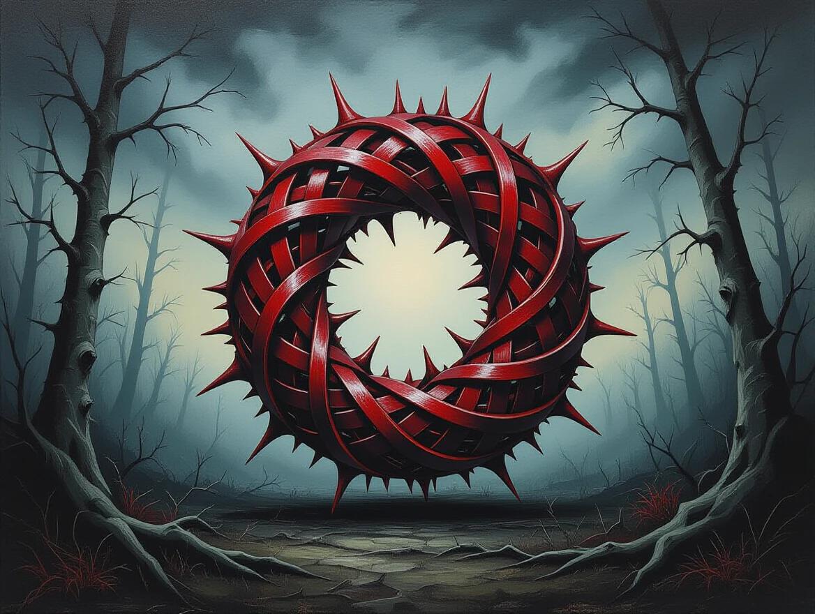 A sculptural oil painting with extreme impasto technique. An aggressive abstract calligraphic form with thorns connected by sinewy curves. Form has no human features. Entirely matte oil paint with a dark fantasy landscape.