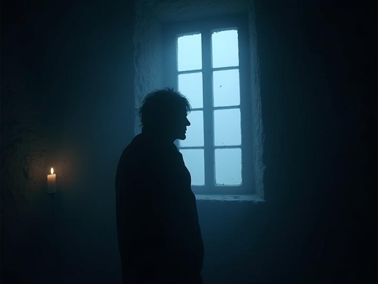 A shadowy figure watching through an old window. An old Galician stone house is shown. A candle is lit inside. Fog is present outside. The scene feels mysterious and suspenseful. The colors are cold blue tones.