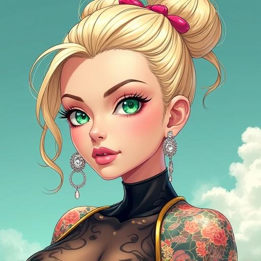 Anime character depiction with futuristic elements. Woman shows features of both Japanese and Saiyan heritage. Light blonde hair styled in a French bun. Dressed in high fashion with colorful tattoos. Wearing diamond jewelry showcasing a classy look. Muscular build with visible abs and strong arms.