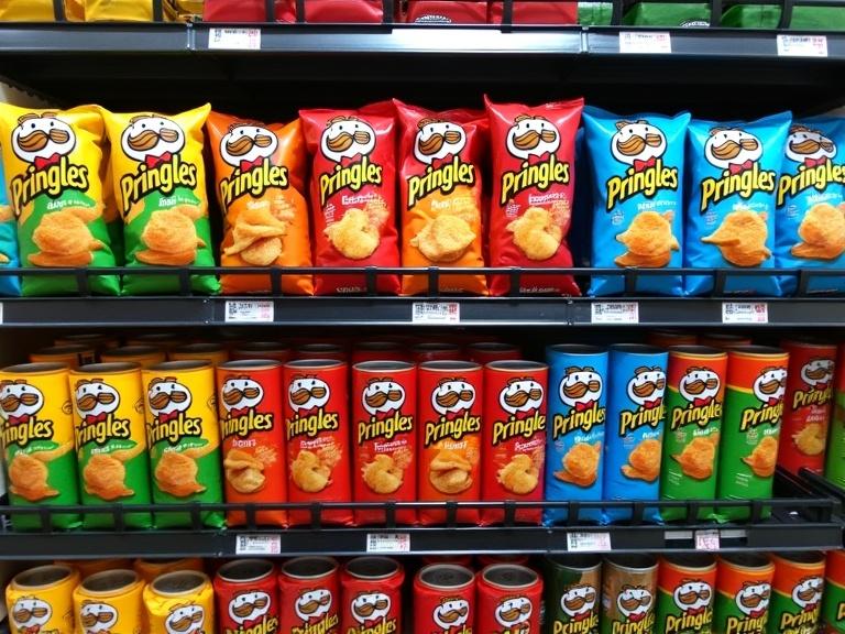 Photograph of supermarket snack aisle filled with Pringles potato chips. Brightly colored bags in various shades. Bags neatly arranged on shelves. Well-lit image capturing details of packaging and labels.