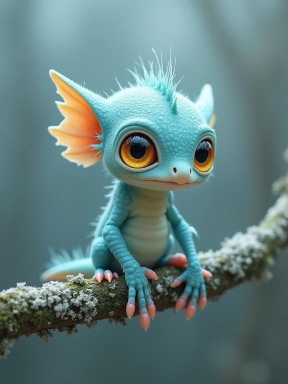 A fantastical creature perched on a mossy branch in a dreamy forest. It has soft blue skin and large yellow-orange eyes with a curious expression. The background is muted and ethereal.
