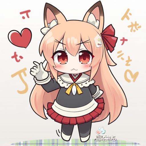 A cute character with cat ears and a playful pose. The character has long peach-colored hair and is wearing a black dress with a frilly red skirt. A cartoonish style with vibrant colors. The character waves happily.