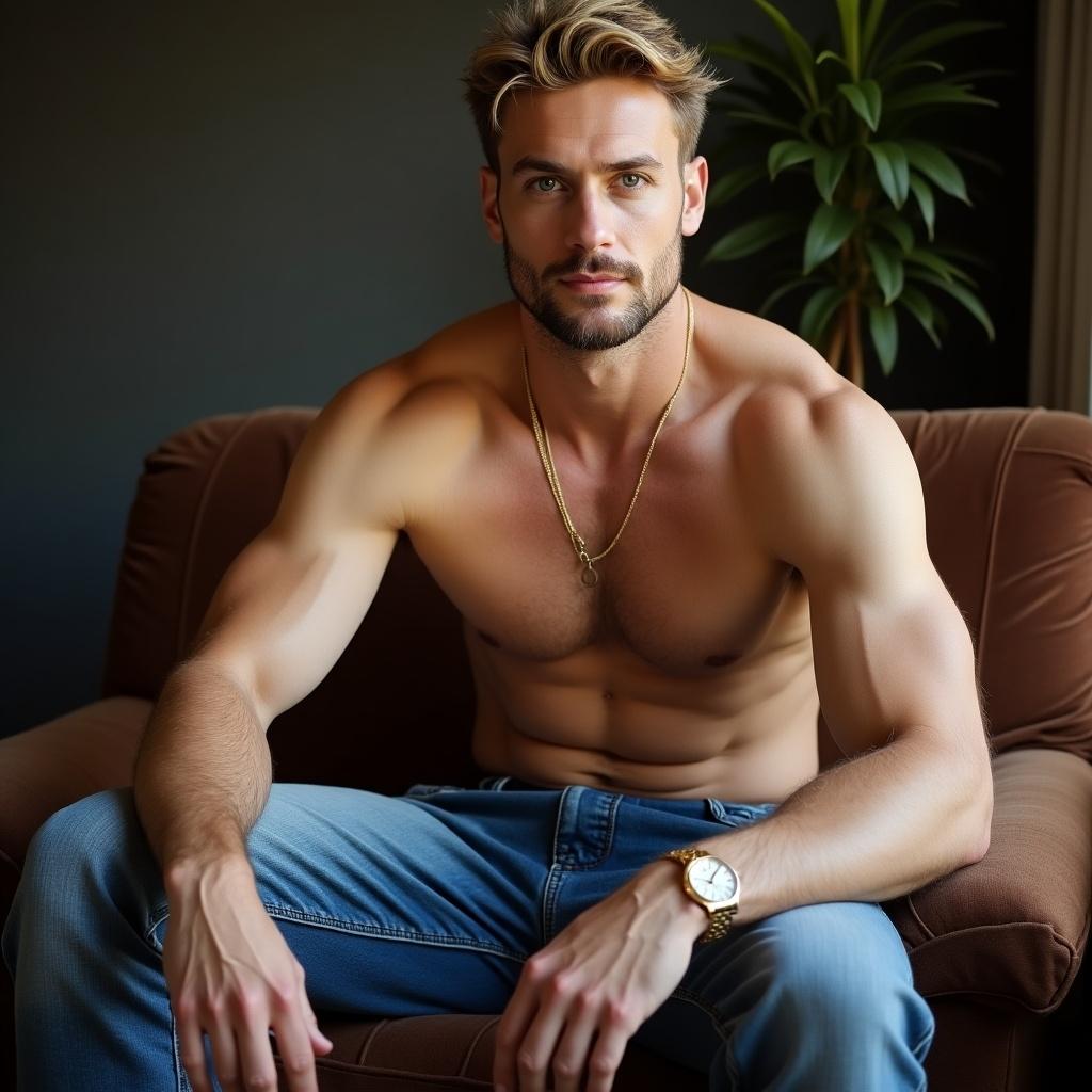 The image features a well-built male model sitting casually on a couch. He has a confident yet relaxed posture, showcasing his muscular physique. The man is dressed in fitted jeans and wears a gold chain and a gold watch. His dirty blonde goatee and blue eyes add to his appealing look. Soft lighting enhances his features, emphasizing his baby face and strong jawline. The background hints at a modern, stylish living space, creating a warm atmosphere.