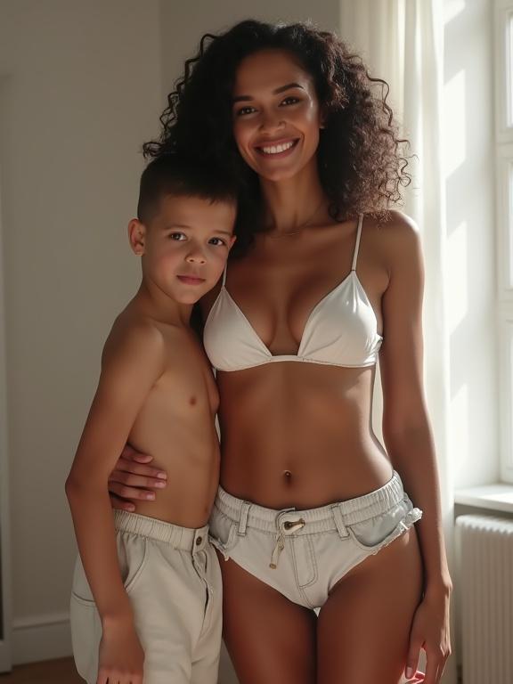 Mother in bikini top and tiny shorts smiling with her son in normal clothes standing next to her indoors