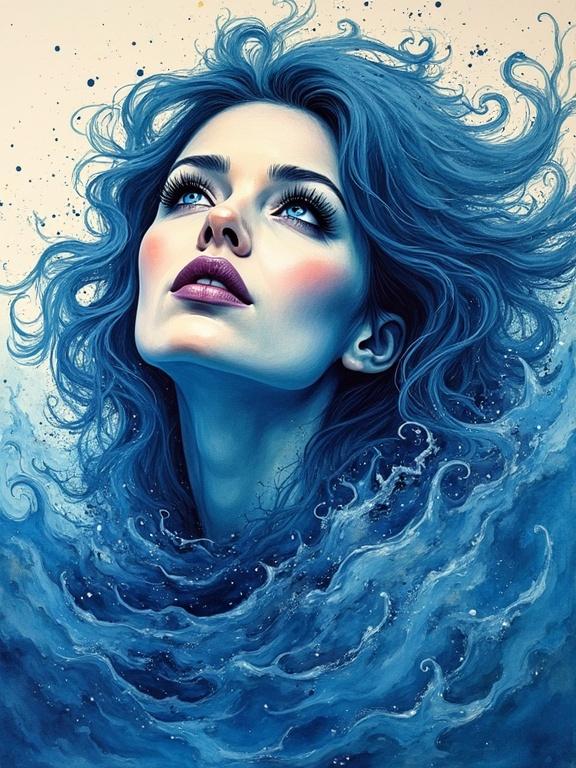 Surreal watercolor portrait of a woman made of water waves with rippling hair and stormy grey eyes.