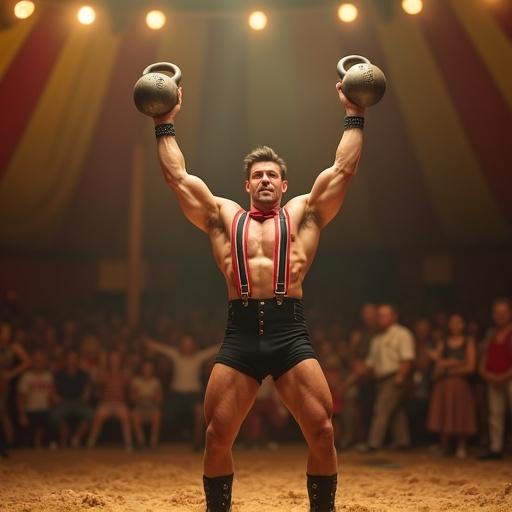 A strongman lifting kettlebells in a circus arena. Brightly lit setting with red-and-yellow stripes. Wooden floor with sawdust. Crowd in the background cheering. Character exudes strength and confidence. Dressed in classic circus strongman outfit. Muscular build, confident expression, hairs slightly disheveled from effort. Kettlebells in hands.