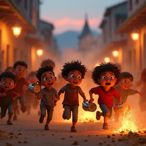 Realistic Pixar 3D digital image depicting children running in a main street during a nighttime religious procession. They carry improvised motorcycles and light small fires with cans. Some children look back while others run ahead, displaying joy and excitement. The background shows the procession in confusion due to the playful chaos. Warm lighting and semi-transparent smoke create an enchanting atmosphere.