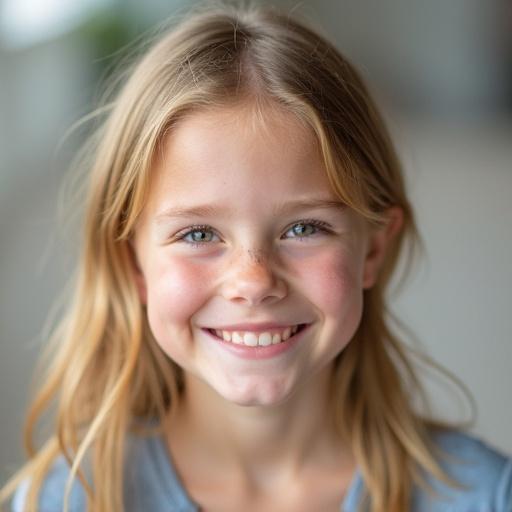 A photograph of a smiling girl with blonde hair. Friendly expression and bright eyes. Soft focus background enhances features. Casual attire showcases youthful innocence.