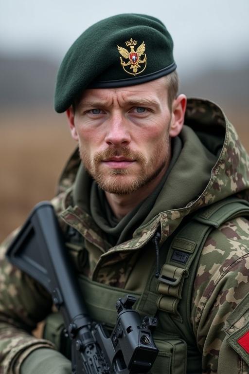 Portrait of a soldier in military uniform with a beret. Soldier has blond hair. He looks serious. The environment appears rugged and natural.
