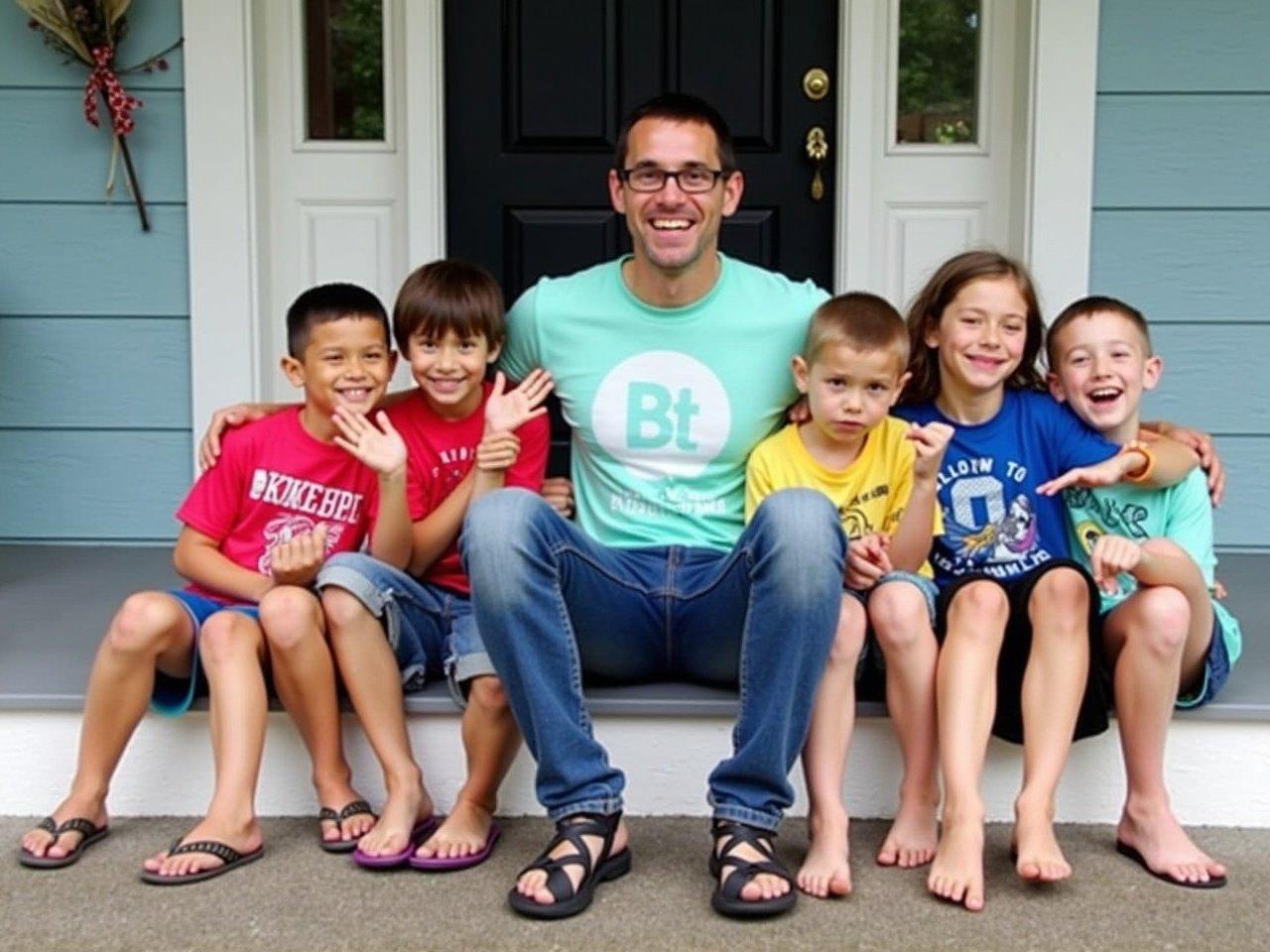 The image shows a group of children sitting on a porch step with an adult. The adult is seated in the center, surrounded by four children. The children appear to be enjoying a casual moment, each wearing different colored shirts. They are smiling and holding up their hands, possibly showing something to the camera. The porch has a light blue color and features some decorative elements like curtains. The atmosphere seems relaxed and friendly.