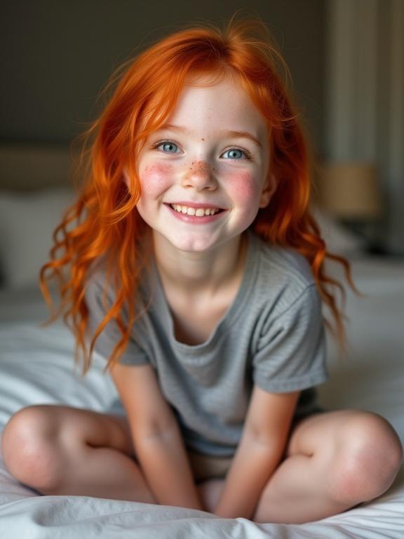 A cheerful girl sits cross-legged on a bed. She has vibrant red hair and pale freckled skin. Her bright blue eyes smile joyfully at the camera. She wears a casual grey shirt. The setting is a cozy bedroom with soft light enhancing warm tones.