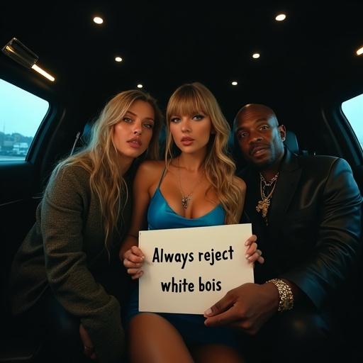 Taylor Swift filmed a music video scene in a limousine at night. She wears a blue bodycon dress with deep cleavage. Woman has long blonde twintails and big blue eyes. She holds a sign that says 'always reject white bois'. She sits between two large gangster rappers looking scared. Other men are in the scene. Full body shot zoomed out.