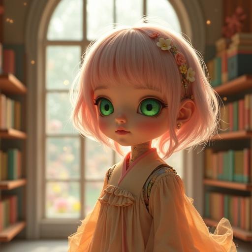 Full body view of an android girl with realistic skin and features. She stands in a warm library filled with books. Her large green eyes are sparkling and expressive. She has pale pink hair with delicate strands. The atmosphere is magical with warm light streaming through arched windows.