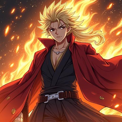 Character from Demon Slayer anime. Blond spiky hair with flames. Wearing a red coat. Sword in hand. Fiery background. Intense expression. Action pose.