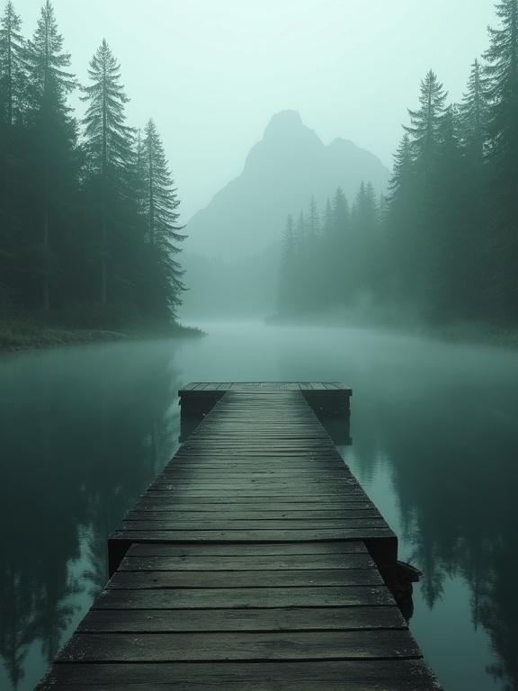 Serene scene of wooden pier over foggy lake surrounded by evergreen trees. Moody atmosphere with deep greens and muted grays. Soft lighting through mist highlights weathered wood. Composition leads to mysterious mountains partially obscured by fog. Feels of solitude and tranquility evoke romantic landscape.