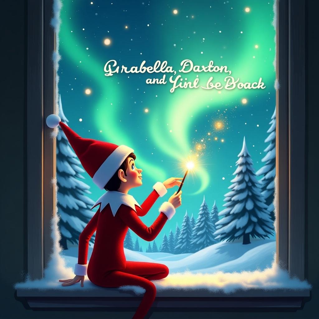 The image features Chippy the elf on the shelf sitting on a window ledge, with his back turned to the viewer. He is using a magical wand to create twinkling sparks while looking up at the stunning display of northern lights. The background is set in a winter wonderland, filled with snow-covered pine trees, conjuring a festive holiday feel. Dressed in a vibrant red outfit with white trim, the elf embodies the Christmas spirit. The scene is illuminated by the enchanting colors of the aurora borealis, enhancing the magical ambiance. The elf writes in the sky ‘Arabella, Daxton, and Delilah we will be back soon’.