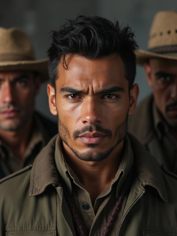 Handsome latino man captured by two gunmen. The scene is tense and dramatic. The man looks serious and focused while two figures loom behind him, adding suspense.