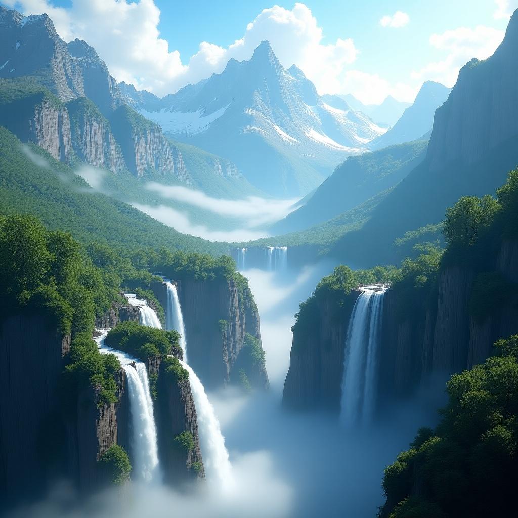 Stunning digital artwork depicts majestic mountains with cascading waterfalls. Towering peaks reach for the sky. Lush greenery covers the cliffs. Waterfalls create movement with gentle rising mist. Sky has soft clouds for a serene atmosphere.