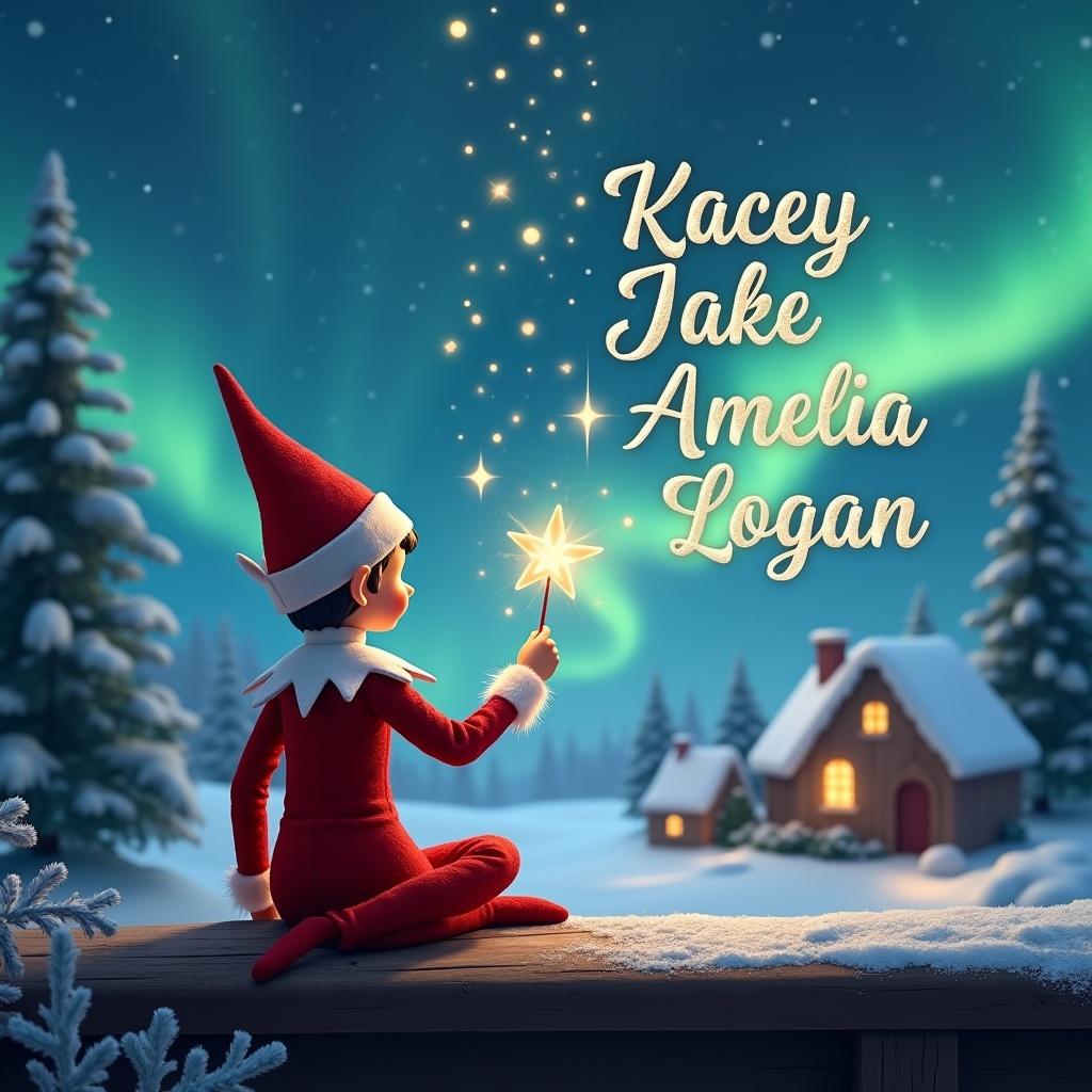 An elf sits on a wooden ledge with its back to the camera. The elf gazes at a magical sky. The elf wears a red outfit with a pointed hat. The elf holds a sparkling wand. The elf writes names in the starry sky. The background shows a snowy landscape with little houses and evergreen trees. The scene captures childhood magic and Christmas cheer.