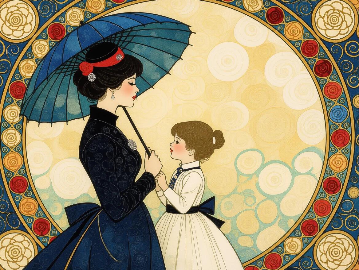 Artwork depicts a woman with a parasol standing alongside a child in a Victorian setting. Inspired by Claude Monet's style. Use bright stunning colors typical to alcohol ink art. Influenced by famous artists like Gustav Klimt and Nicoletta Ceccoli.