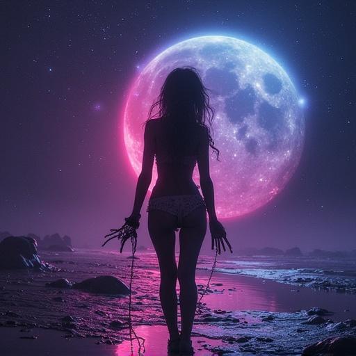 Futuristic nebula album cover. A silhouetted woman stands facing a large glowing moon. Ethereal colors create a dreamy atmosphere. Title text: Late At Night.
