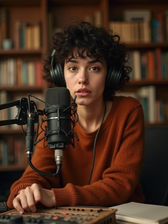 A realistic portrait of a woman with curly hair wearing headphones. She's in front of a microphone adjusting a mixer. The environment includes bookshelves and sound panels. The lighting is warm and ambient. The vibe is calm and perceptive.
