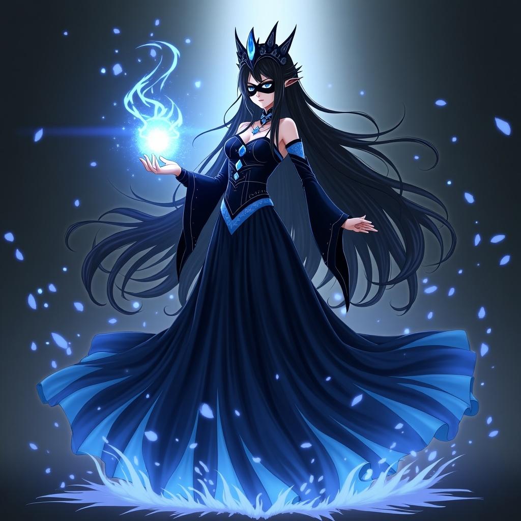 Anime character with long black hair and blue details in a dress. Left hand holds an energy ball. Eyes look right while facing forward. Dark crown on head. Dark aura emanates from the dress. Full body representation.