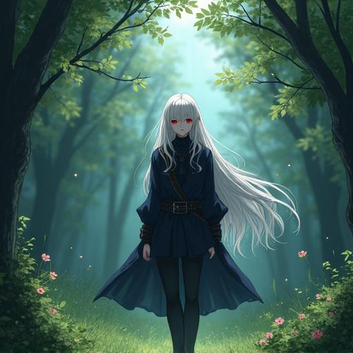 Young male character with long white hair and red eyes walking through a forest. The scene is serene and magical with soft lighting.